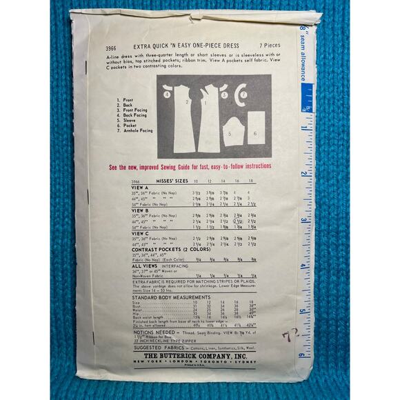 Butterick Sewing pattern 3966 Fit and flare dress pockets 1960s size 16 - Picture 3 of 6